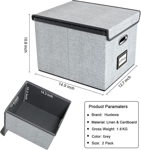 Huolewa Upgraded Collapsible File Storage Organizer Boxes with Lids, Portable Large Linen Filing Storage Boxes (Grey) -