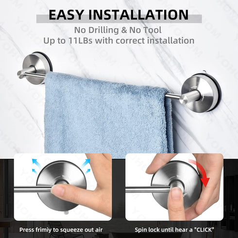 22 Inch YOHOM Suction Cup Towel Bar for Shower Stainless Steel Bathroom Hand Towel Holder Suction Washcloth Holder