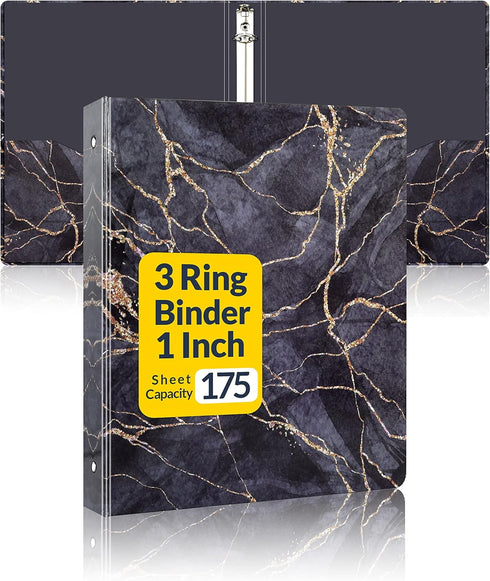 SUNEE 1 Inch 3 Ring Binder with 2 Pockets, Decorative Black Marble Heavy Duty for School Office Supplies