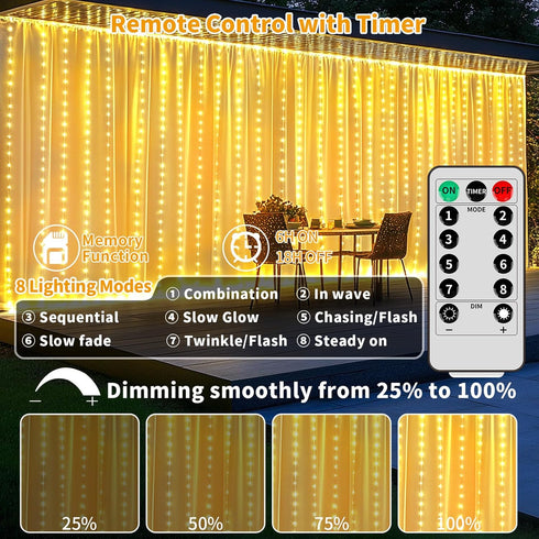 10 10Ft 300LED 8 Dimmable Curtain Lights Battery Operated * Waterfall Light with Modes Remote Timer Memory Waterproof