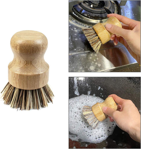(2-Pack, AUEAR, Natural Bamboo Dish Scrub Brush Cleaning Pot Scrubber Brushes Coconut Bristles for Cast Iron Skillet