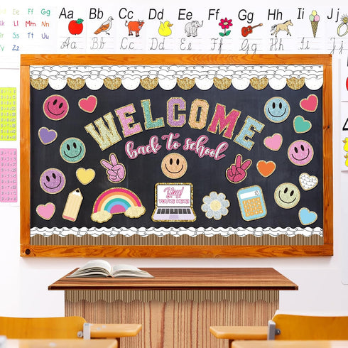 Back to School Bulletin Board Kit 110Pcs Boho Groovy Paper Cutouts with Glue Points for Classroom Party