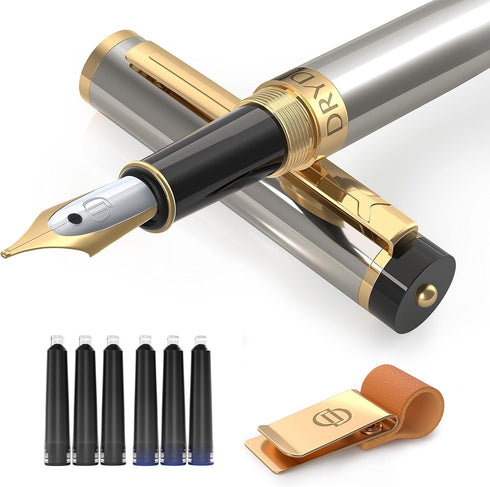 Dryden Designs Fountain Pen, Medium Nib 0.5mm, Includes 6 Ink Cartridges, Notebook Clips, and Ink Refill Converter,
