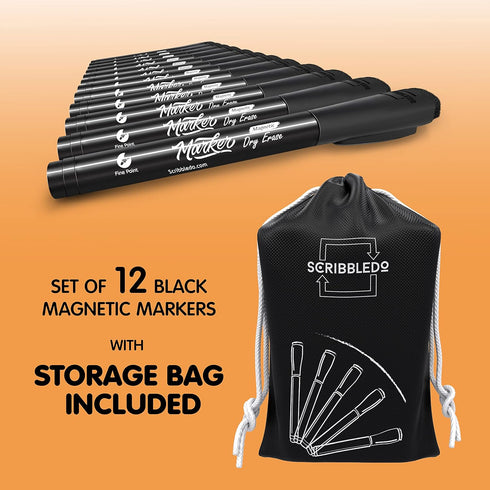 Scribbledo 12 Pack Magnetic Dry Erase Markers Black Fine Tip Whiteboard Markers with Eraser Cap Thin Low Odor Skinny White Board Markers for Adults Students Teachers Kids Art Home School & Office by Scribbledo