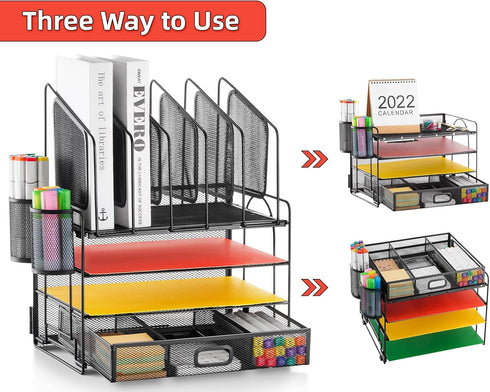 Marbrasse Desk Organizer with Drawer, 4-Tier Mesh File Organizer with 5 Vertical Holders and 2 Pen Holders