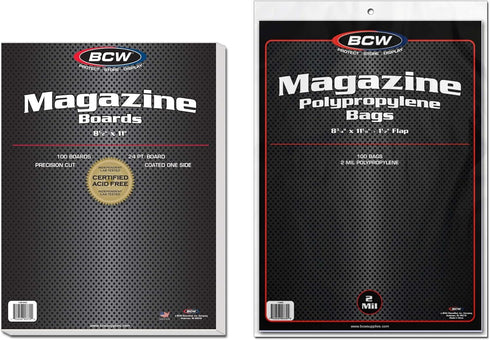 BCW Magazine Bags and Backing Boards Combo - 100 ct | Acid-Free Polypropylene Bags for Current Magazines |