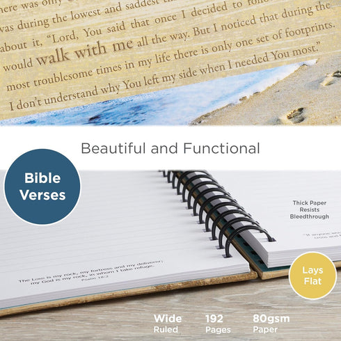 Large Hardcover Journal, Footprints In The Sand Poem, Inspirational Wire Bound Notebook with 192 Lined Pages