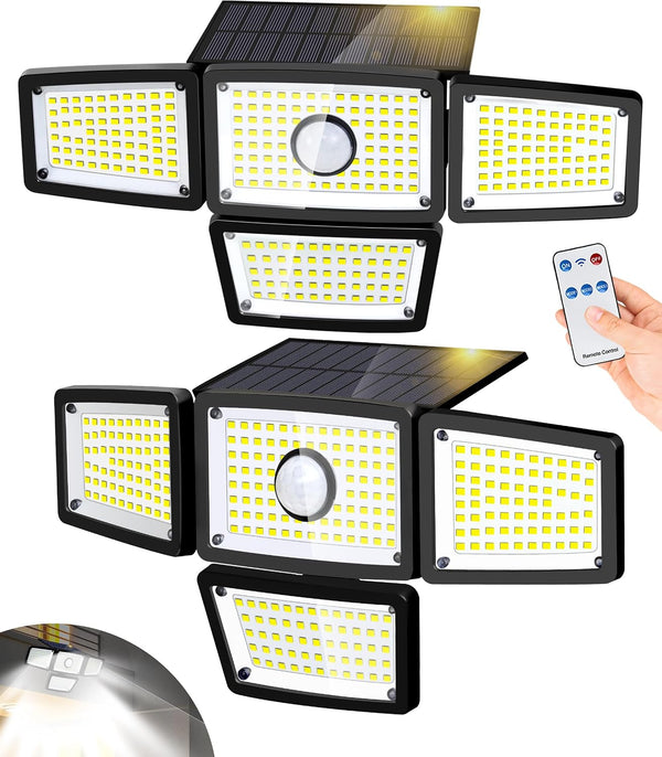 4 Heads Sensor Lamp Solar, Motion Sensor Outdoor Lights 3000LM, 283 LED,6500
