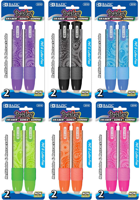 BAZIC Retractable Stick Erasers Paisley, Mechanical Pencil Eraser, Large Size Click Eraser for Art Drawing (2/Pack)