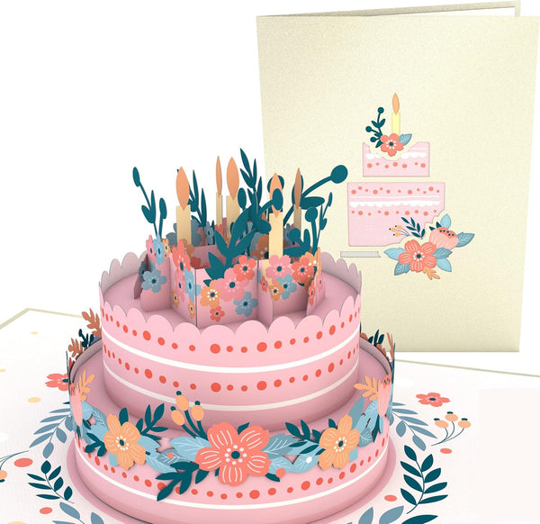 Lovepop Happy Birthday 3D Pop-Up Card for Her, Him, Girls, Boys - Floral Birthday Cake - 5" x 7" - Blank Notecard &