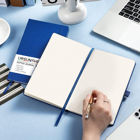 Dotted Journal/Notebook - Dot Grid Hard Cover Notebook, Premium Thick Paper with Fine Inner Pocket, Black Smooth Faux Leather, Pen Loop, 5.3'' x 8.26'' - Deep Blue by URSUNSHINE