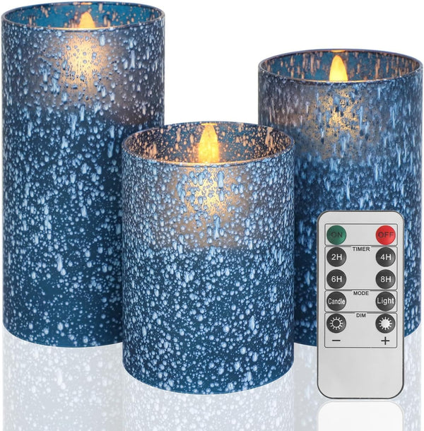 Blue Flameless Candles with Remote, Battery Operated Pillar Candles Set of 3,