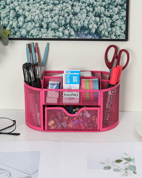 EasyPAG Desk Organizer, Mesh Desktop Office Supplies Caddy with Drawer, Pink