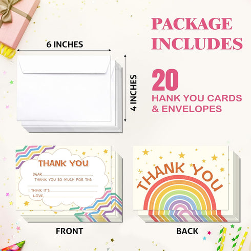 FTRZX 20 Pack 001 Boho Kids Thank You Cards, Boho Rainbow Thank You Card For Baby Shower Birthday Party, Kids Birthday