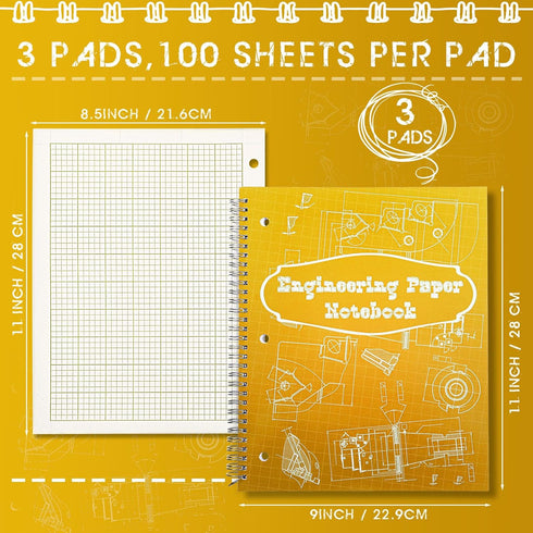 Engineering Computation Pad 8.5" x 11" Engineering Wirebound Spiral Notebook Grid Pad 5 Squares Per Inch Graph Paper 100 Sheets Per Pad for Drafting Drawing Blueprint Sketching (Gold,3 Pads) by Colarr