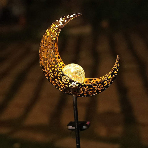 Garden Solar Light Outdoor Decorative - Moon Crackle Glass Globe Stake Metal Lights, Waterproof Warm White LED