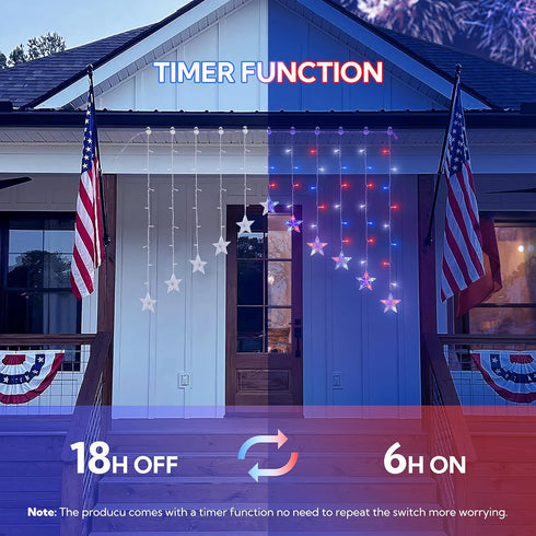4th String,11.5ft 118LED 8 of July Patriotic Star Icicle Lights,red White and Blue Curtain Waterproof Modes with Timer