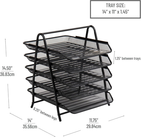 Mind Reader 5-Tier Paper Tray, Set of 2, Black Metal Mesh Desktop Organizer, File Storage, 11.75" L x 14" W x 14.5" H