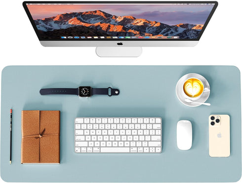 WAYBER Leather Desk Pad Protector, Waterproof Mouse Pad, PU Desk Mat for Office/Home, Light Blue/Silver, 31.5x15.7in