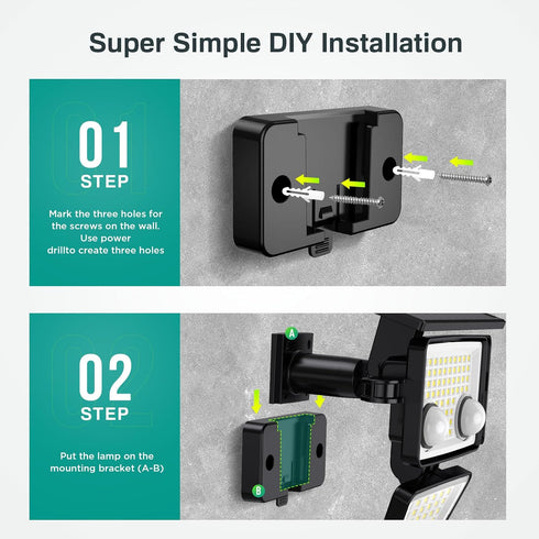 3000LM 188 4 Light,IP65 Install,270Wide 3 (2 Pack) LYWALT Solar Outdoor Lights - LED Motion Sensor Outdoor Lights