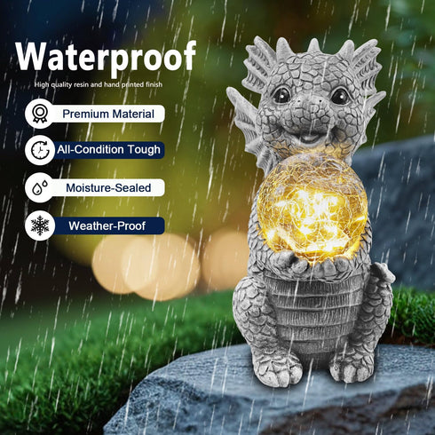 Solar Garden Decorations - Dragon Statue with Crackle Glass Ball Light - Garden Decor for Patio, Yard, Lawn, Pathway