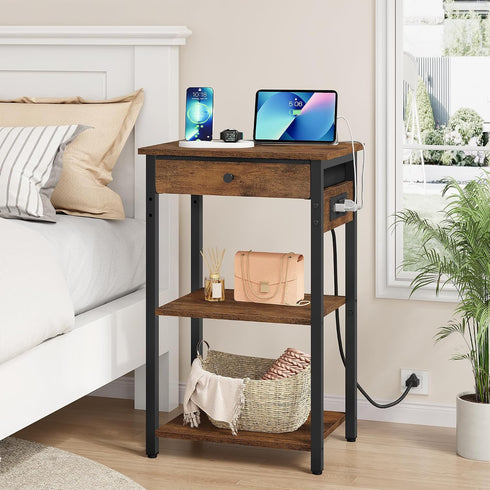 Gewudraw 3-Tier Printer Stand with Charging Station, Under Desk Printer Table, End Table with Storage Shelves for Home
