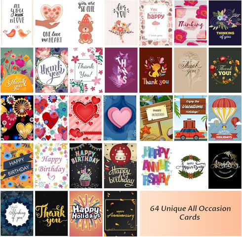 64 Pack 46 Inch YedsIntu All Occasion Cards Assortment Box with Envelopes & Stickers, Assorted Blank Greeting Cards