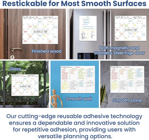 Clever Clean Non-Magnetic Calendar Set - Dry Erase Monthly Calendar, Weekly Planner and Blank Whiteboard Stick to Fridge, Smooth Wall, Cabinets and Glass. Ideal for Meal Planning,To Do,Grocery List.