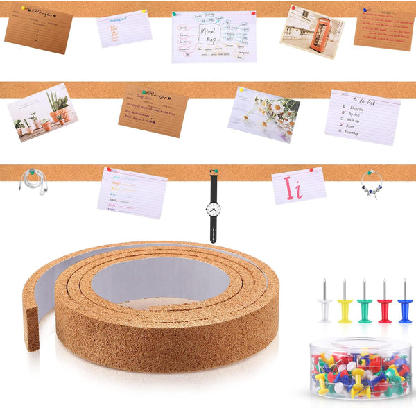 Uanchu Cork Strips Bulletin Bar Strips, Frameless Notice Board with Double Side Tape and 100 Push Pins