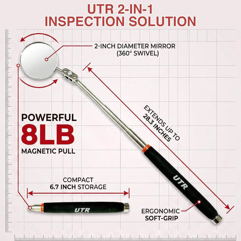 UTR 2 1 2" 360 8lb Perfect - in - One side - Telescopic Mirror for Inspection, Flexible Mirror Rotation. Other side