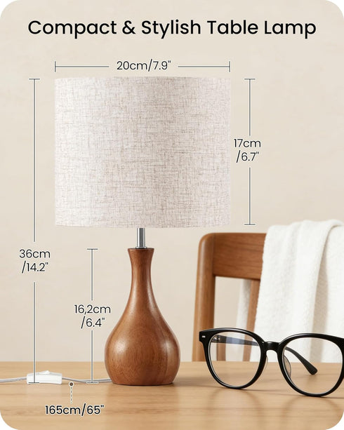 14.2" E26 LE09TL05 Small Table Lamp, Wood Bedside Lamp, Little Cute Desk Lamp with Dark Wood Bottle-Shaped Base & Beige