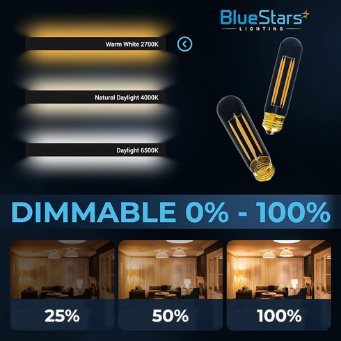 6-Pack T10 Bulbs T30 E26 6W 5.0in 2700K 60W DIMMABLE, 660 BlueStars Tubular LED Light Medium Base, Warm White