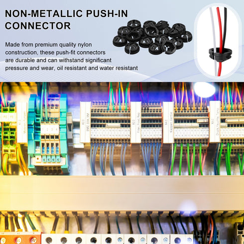 50pcs Push-in Cable Connectors, 3/8 Inch Trade Size Non-Metallic Push In Connector for Romex 1/2 Inch Knockouts (Black)