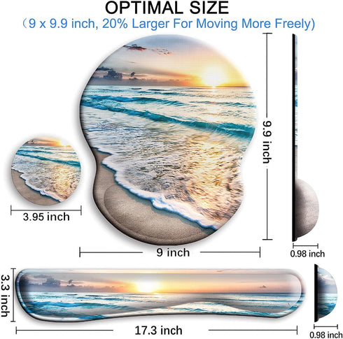 Beach Mouse Pad and Keyboard Wrist Rest Support with Non-Slip PU Base - Gel Mouse Pad with Coaster for Gaming, Office