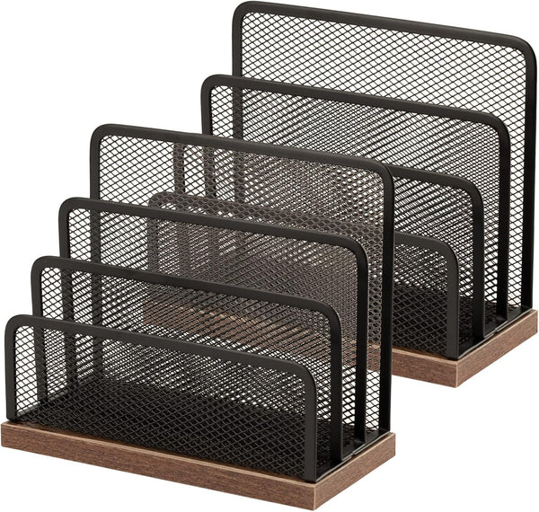 Wooden Desk Mail Organizer, 2 Pack, Metal Mesh with 3 Vertical Compartments for Letters, Postcards, Brochures