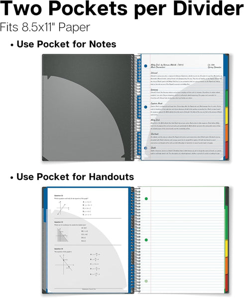 Dunwell 5-Subject College Ruled Notebook, 8.5 x 11, 200 Sheets (400 Pages), Spiral Notebook with Movable Pocket Dividers