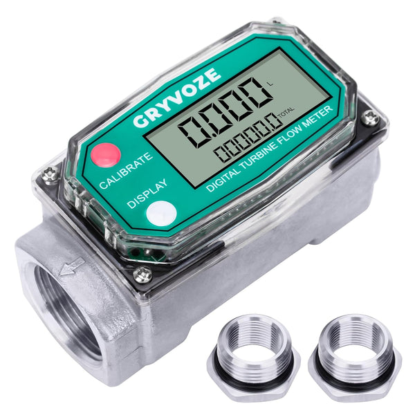 1 Inch Digital Turbine Fuel Flow Meter, 2.6-26 GPM Inline NPT Thread Flowmeter with 3/4 in Adapters for Water, Diesel,