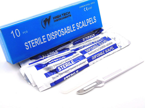 Disposable Scalpels with High-Carbon Steel Blades, Sterile, Individually Foil Wrapped, Box of 10