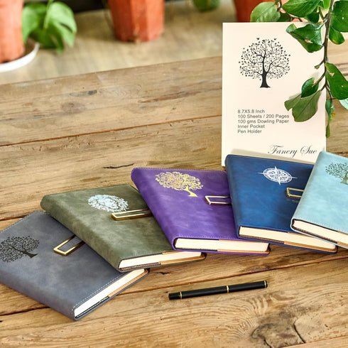 Fanery sue Tree of Life Refillable Writing Journal, A5, Faux Leather Hardcover Notebook, 200 Lined Pages, Lay-Flat