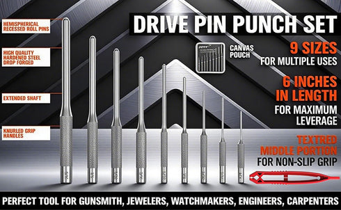 9-Piece Set Roll Pin Punch - Fast Pin Removal - Durable Steel & Construction - For Automotive, Firearm Maintenance