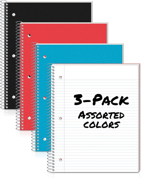Dunwell 3-Pack 1-Subject Notebook College Ruled - 100 Sheets (200 Pages), Red, Blue, Black Spiral Notebook 8.5 x 11, Plastic Cover, Inner Pockets by Dunwell