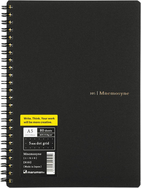 Maruman MNEMOSYNE Notebook, 8.27 x 5.83 Inches (A5), 80 Sheets, 5mm Dot Grid (N105), White