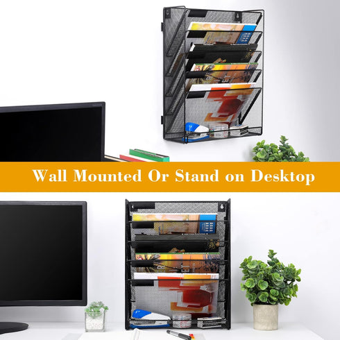 EasyPAG 5 Tier Mesh Office Organizer, Wall Mounted File Holder, Vertical Hanging Paper File Rack with White Label