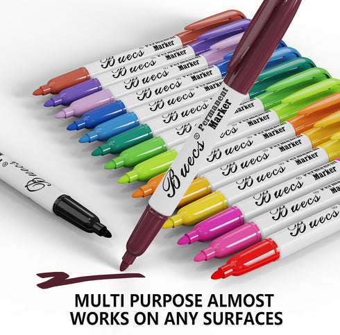 Buecs 96 Count 16 Permanent Markers, Fine Point Permanent Markers, colors, Waterproof & Smear Proof Markers, Quick