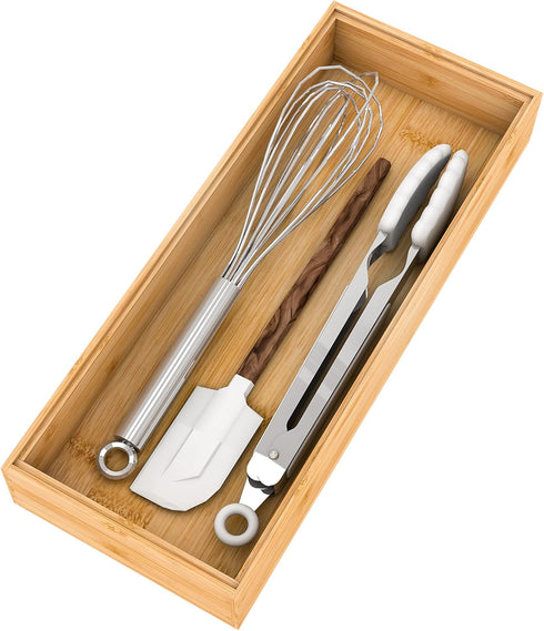 Utensil Organizer - Stackable Bamboo Silverware Drawer Caddy for Bedroom, Office, Bathroom Storage
