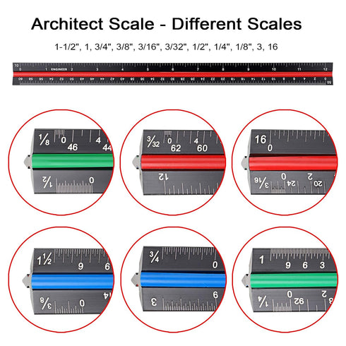 OwnMy 3 Pack 12 Inch Set, 3-Colors-Groove Set, Solid Aluminum Triangular Architect Scale Ruler Architectural