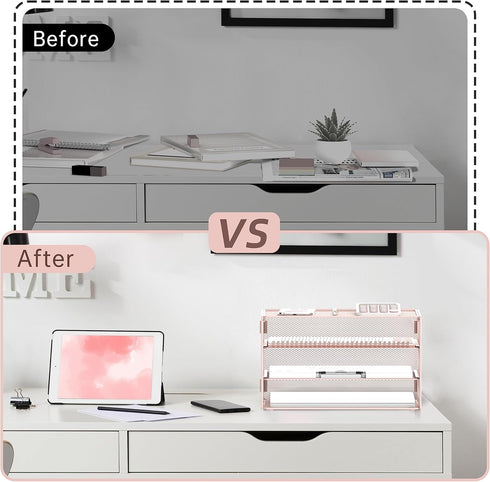 DALTACK 3 Tier Letter Tray Paper Organizer, Mesh Metal Desk File Organizer for Home & Office, Pink