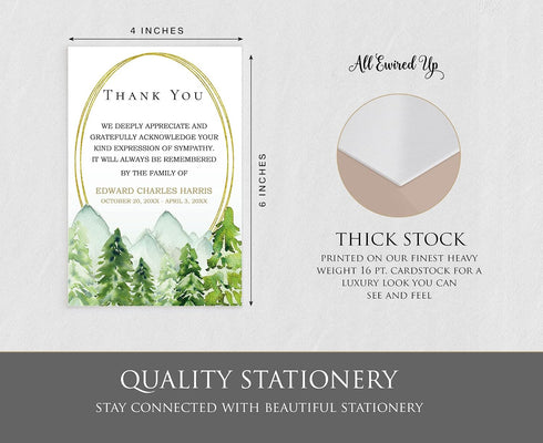 Personalized Mountain Forest Funeral Thank You Cards, Sympathy Acknowledgement Cards, Eucalyptus, Sage, Masculine