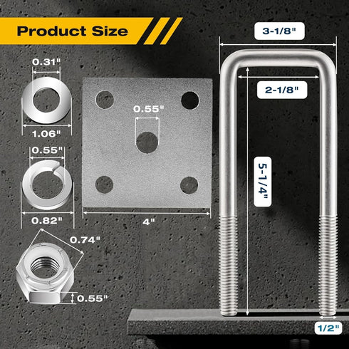 4 Sets Heavy Duty Square U-Bolt Boat Trailer: 2 1/8" W x 5 1/4" L Stainless Steel U-Bolts with Washers