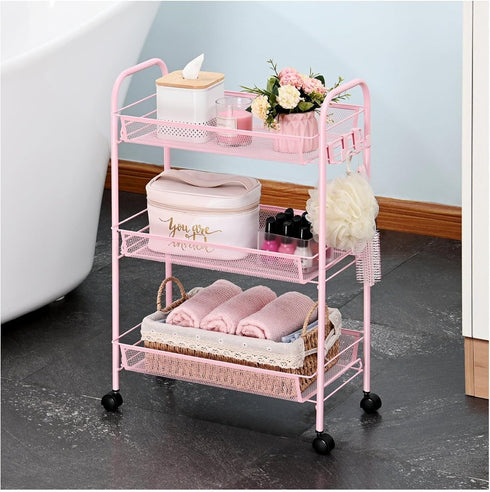 Generic 3 Rolling Cart Organizer Tier, Mesh Utility Cart with Wheels, Office School Storage Cart - Pink